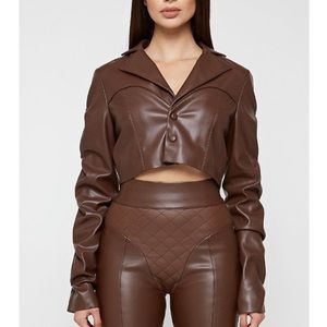 NWT Maniere De Voir Tacked Vegan Leather Cropped Jacket - Brown Size 6